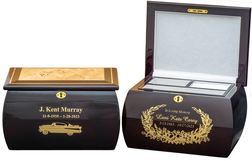 [704 MBT] Mahogany Finish Burlwood Treasure Chest Urn